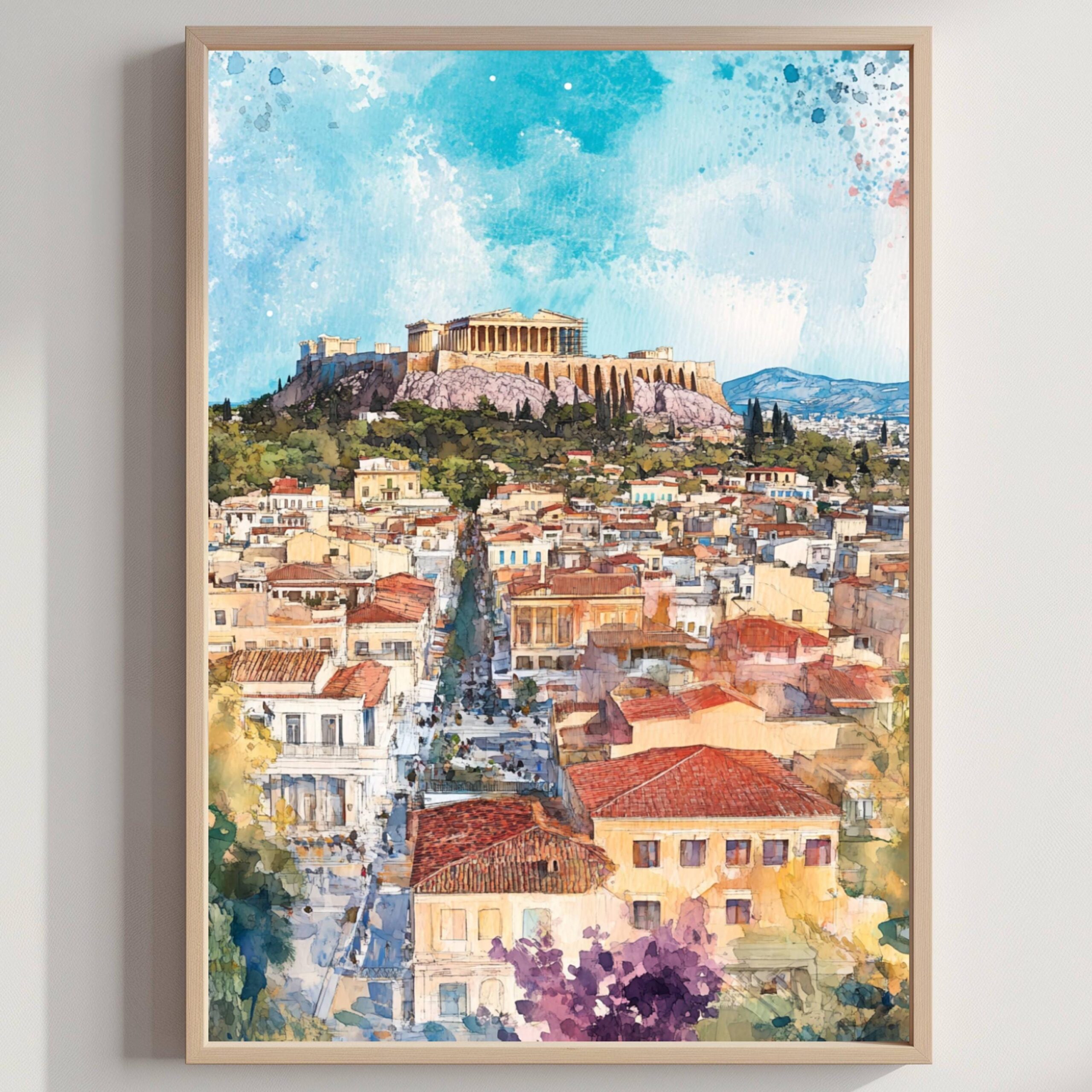 Athens Greece Europe Watercolor: Greek Travel Art Poster