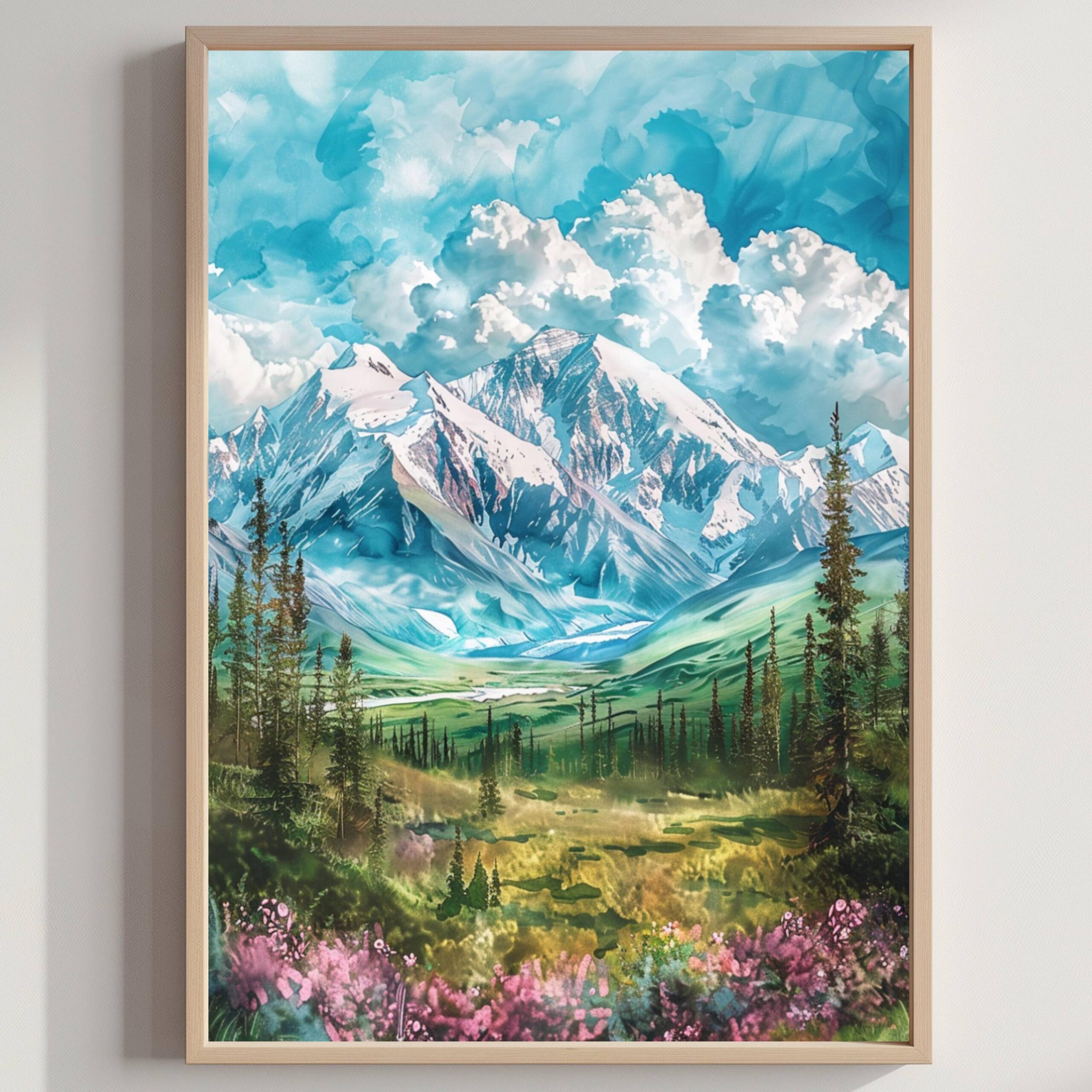Denali Mount McKinley Alaska Watercolor: USA Travel Art Poster