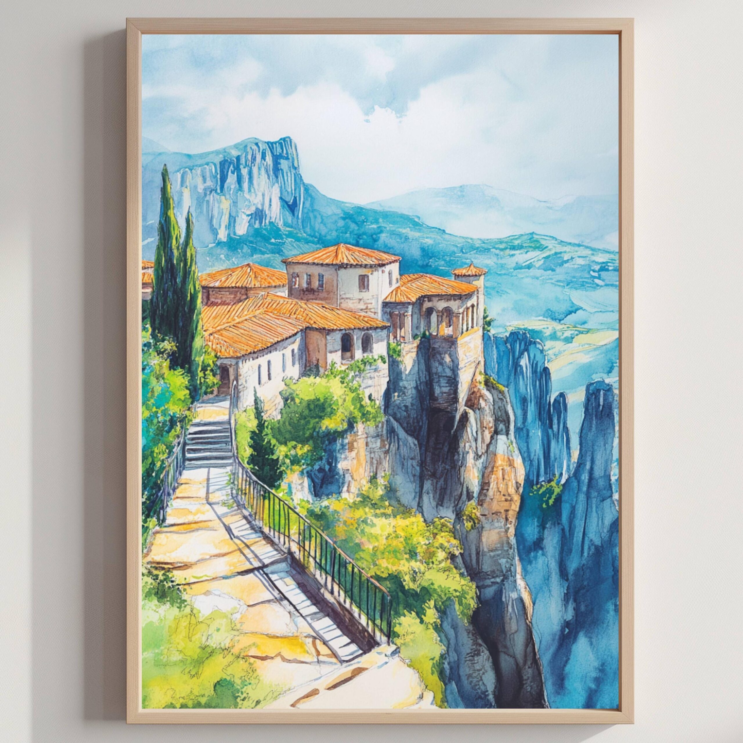 Meteora Monastery Greece Watercolor: Travel Art Poster