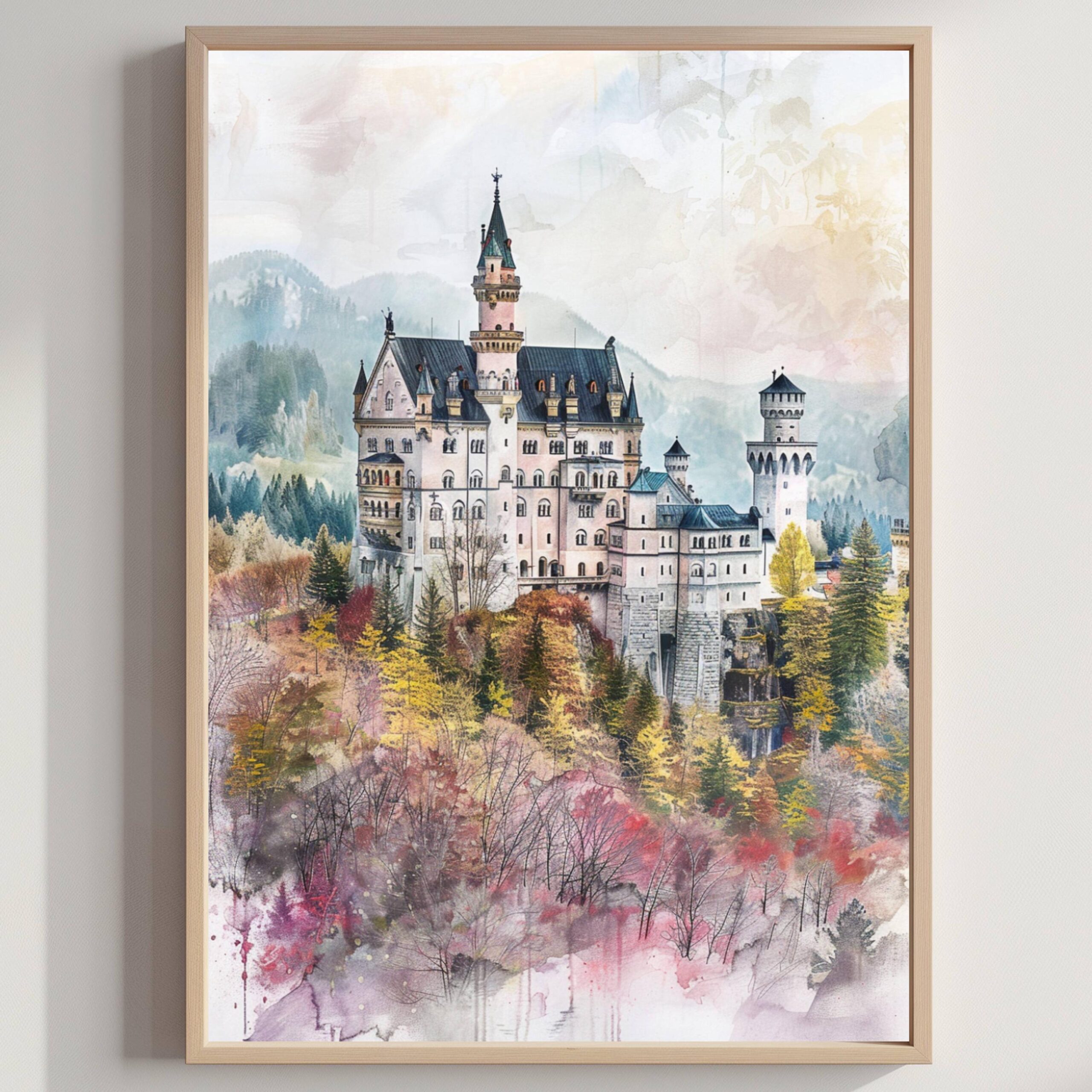 Neuschwanstein Castle Schwangau Germany Watercolor: Travel Art Poster