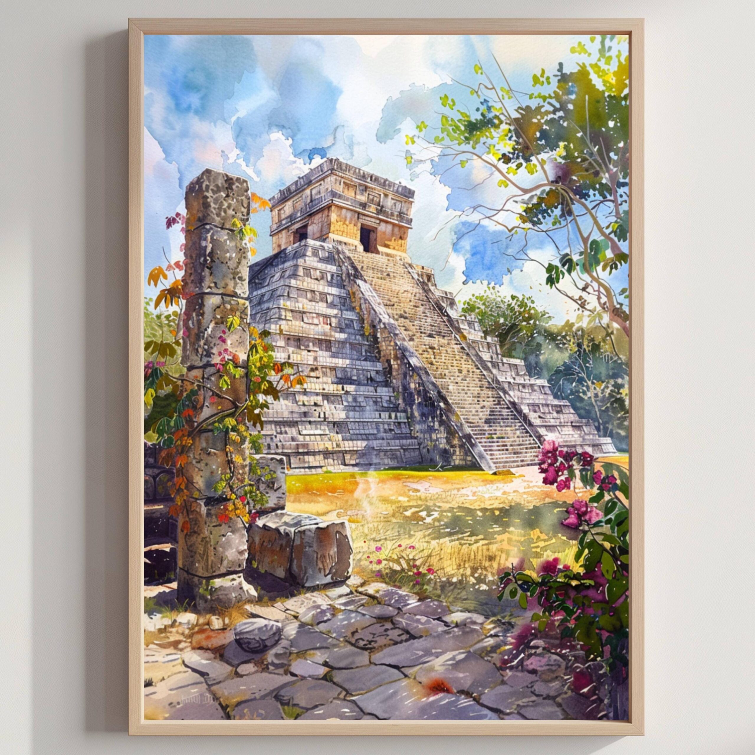 Chichen Itza Yucatan Mexico Watercolor Print: North America Travel Art Poster
