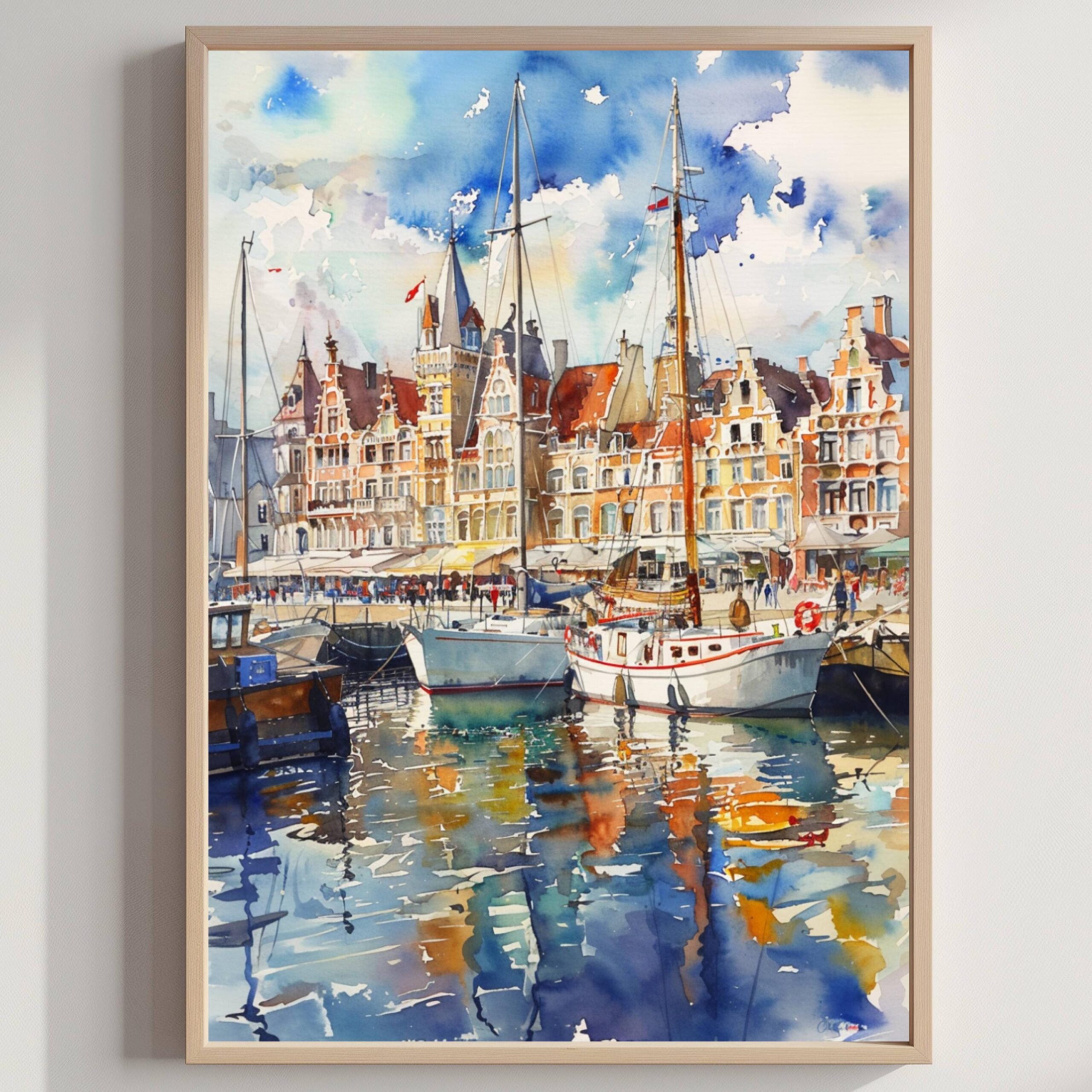Oostende Belgium Europe Watercolor Print: Belgian Travel Wall Art
