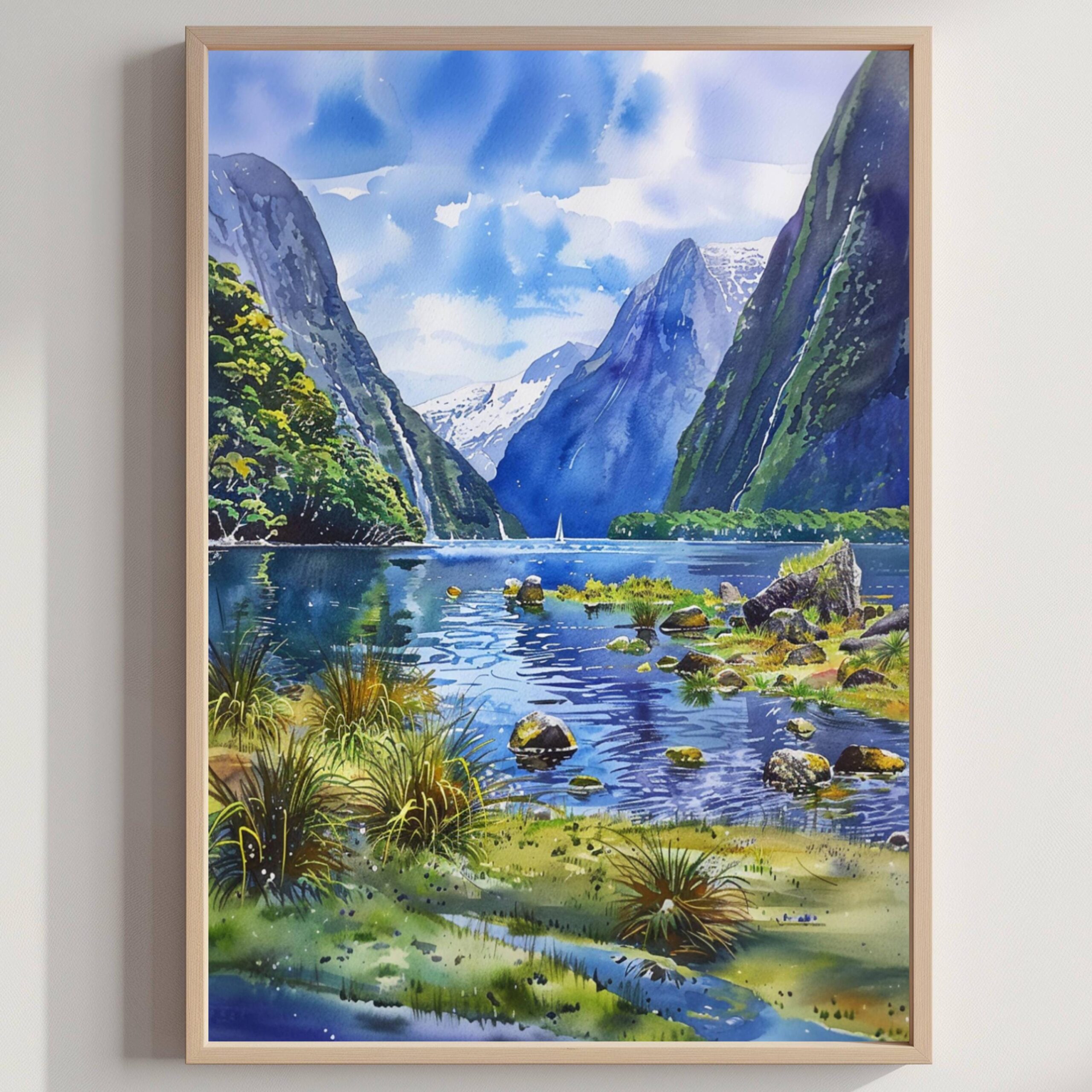 Milford Sound New Zealand Watercolor Print: Travel Art Poster
