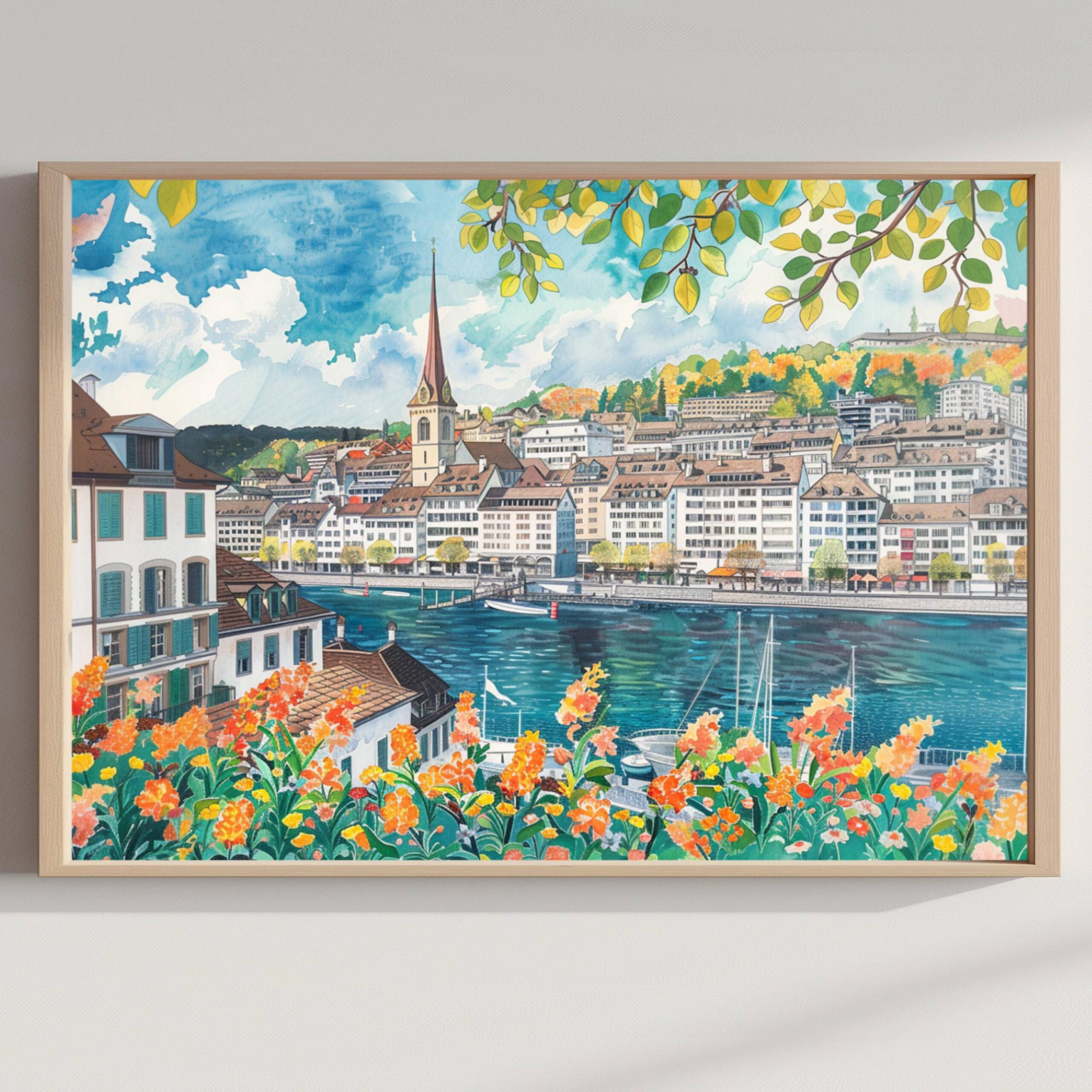 Zurich Switzerland Europe Watercolor Print: Vacation Travel Art Poster