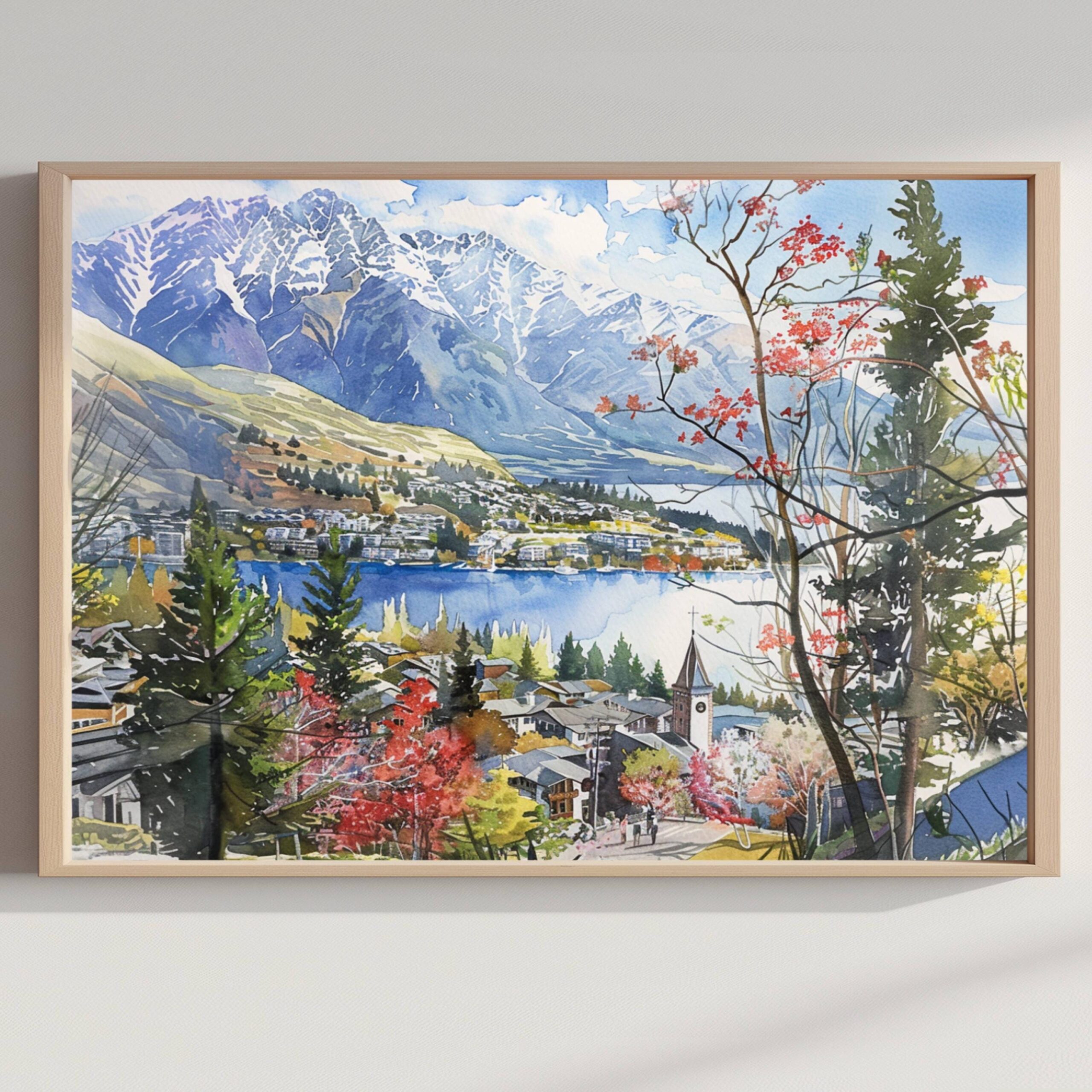 Queenstown New Zealand Watercolor Print: Travel Art Poster