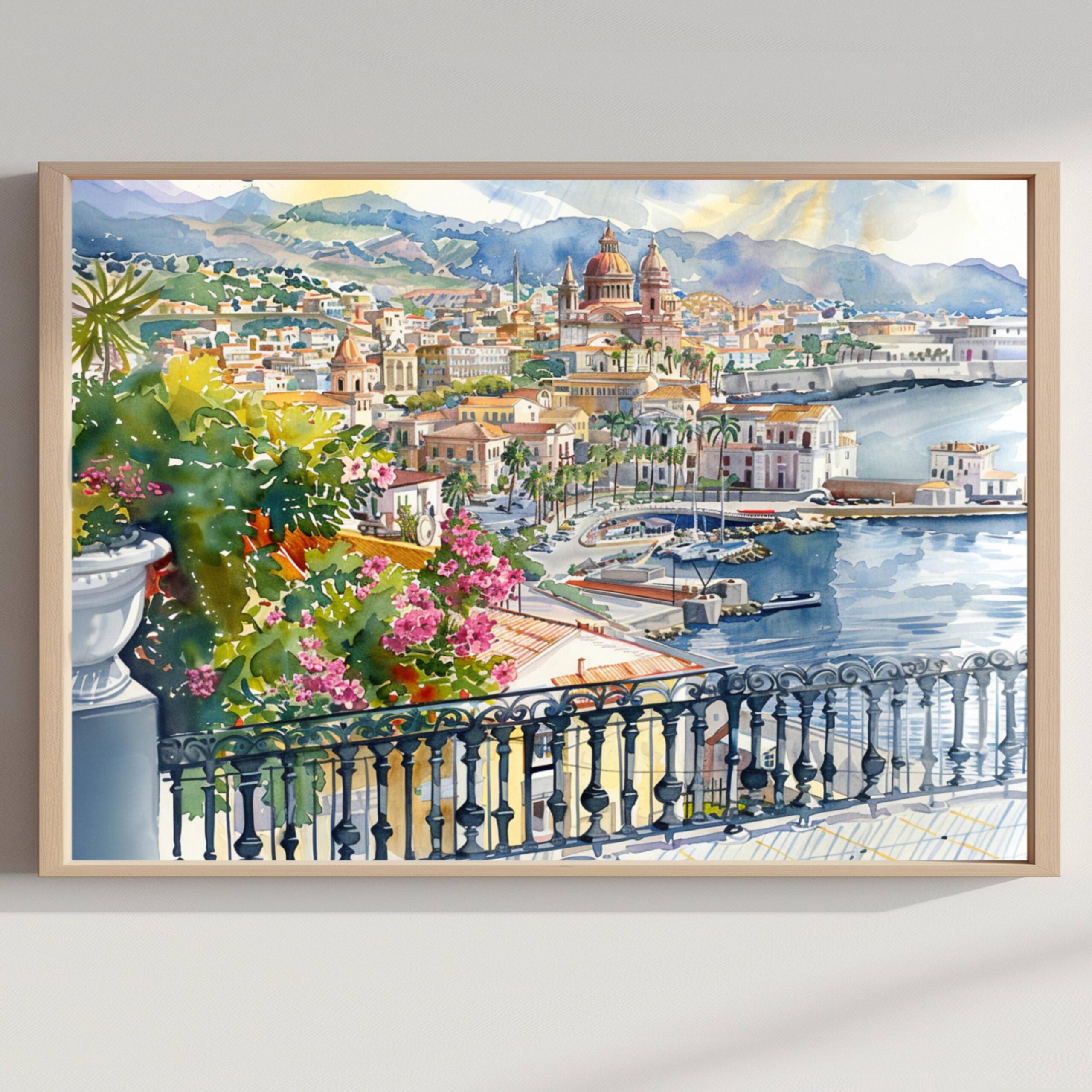 Messina Sicily Italy Europe Watercolor Print: Travel Art Poster