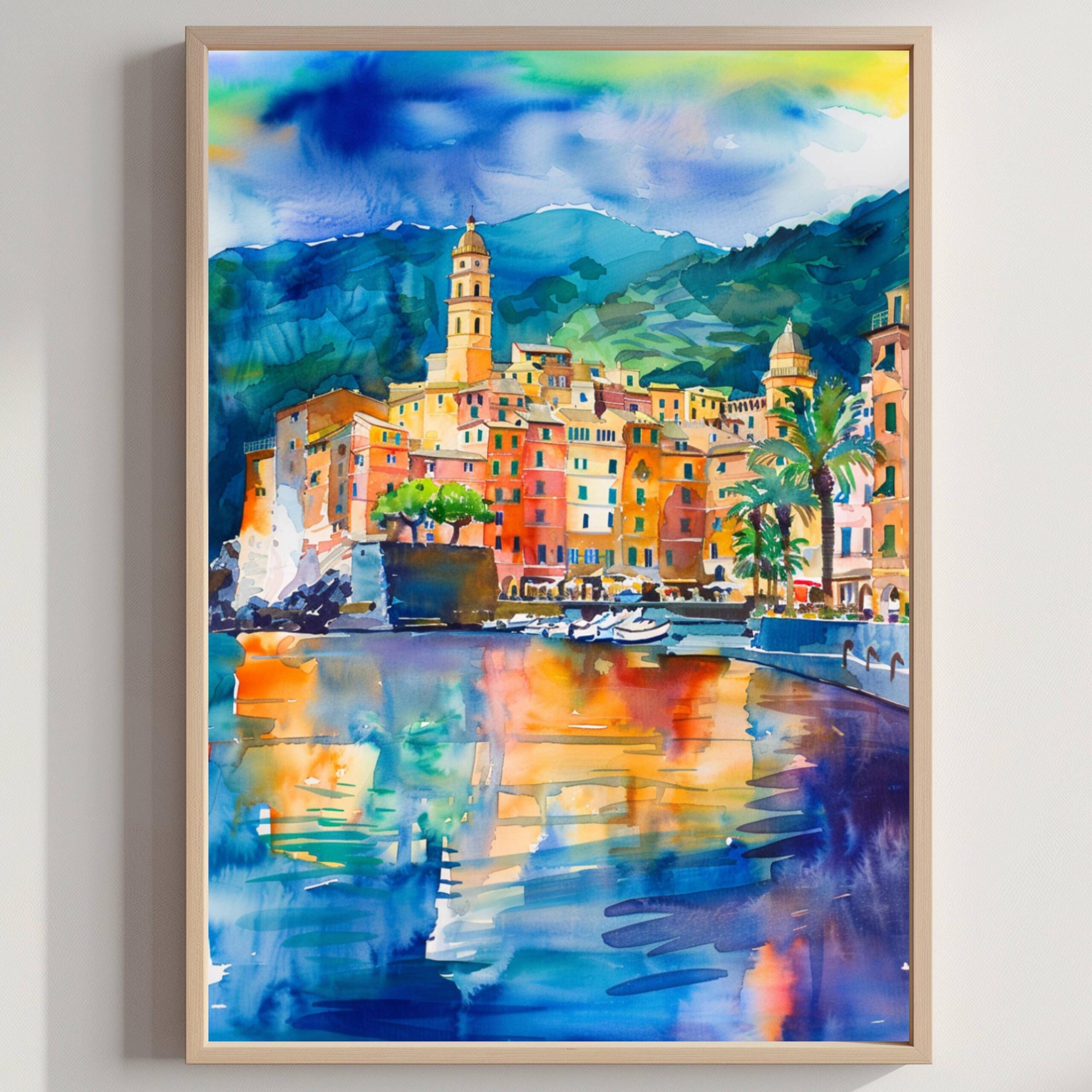 Camogli Liguria Italy Europe Watercolor: Italian Travel Art Print
