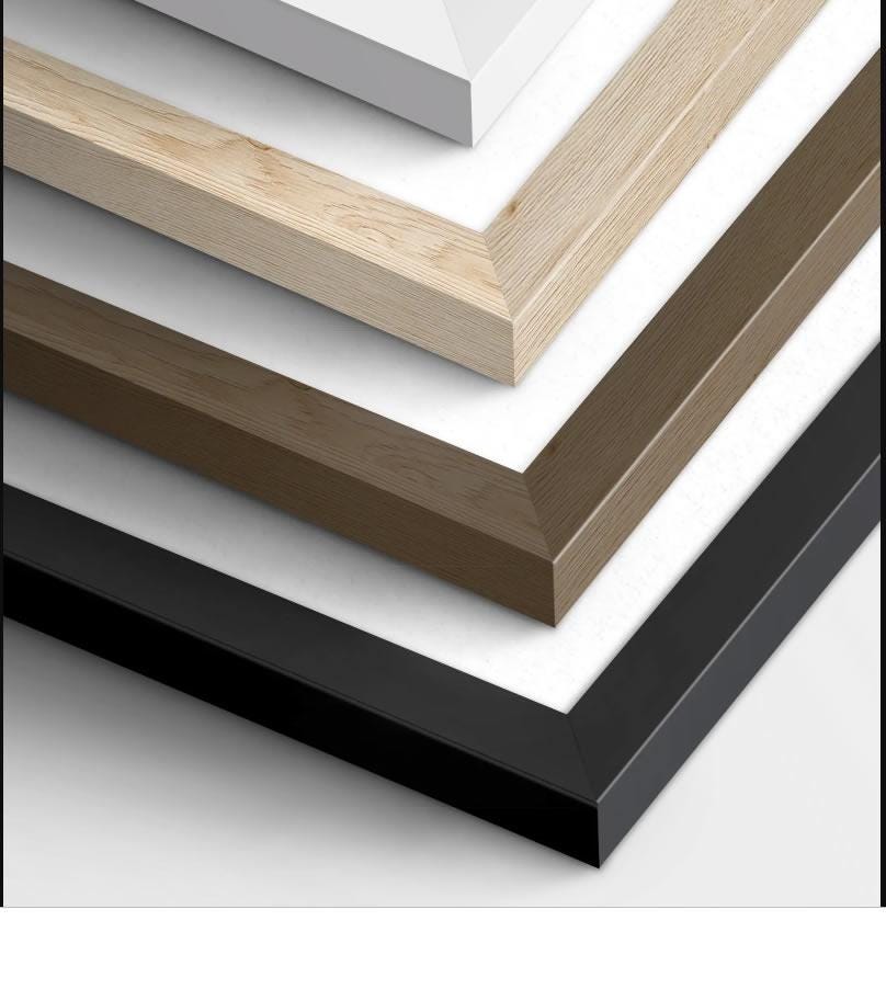 Stacked corner detail of White, Natural, Black, and Dark Wood frame options