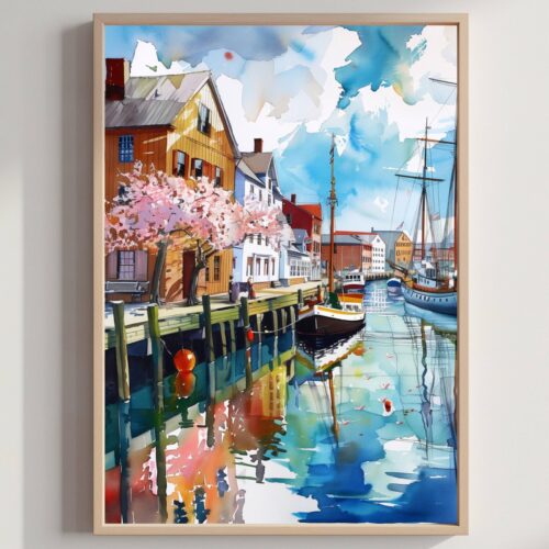 Old Port Portland Maine USA Watercolor Print: American Travel Art Poster