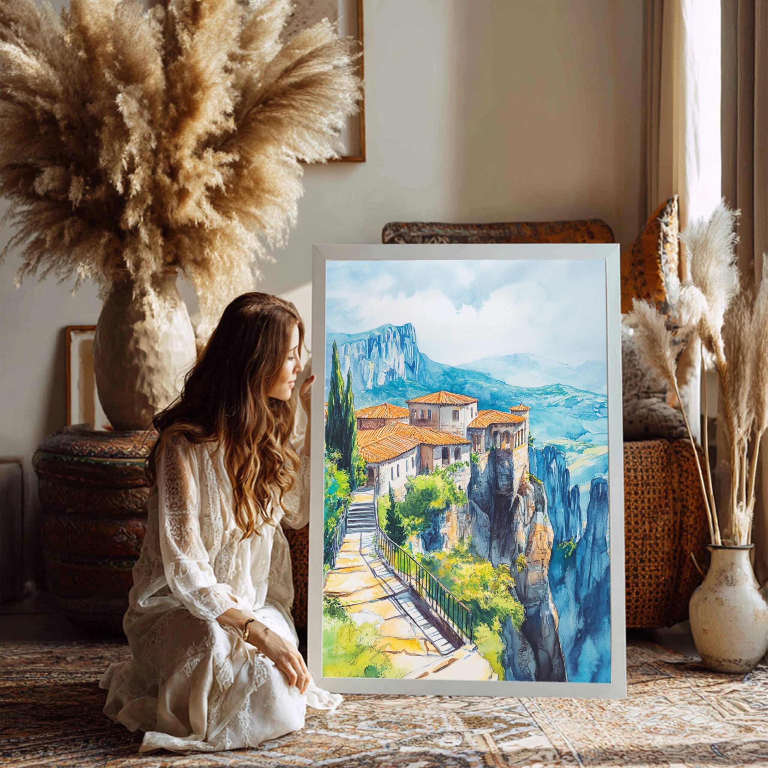 Meteora Monastery Greece Watercolor: Travel Art Poster - Image 3