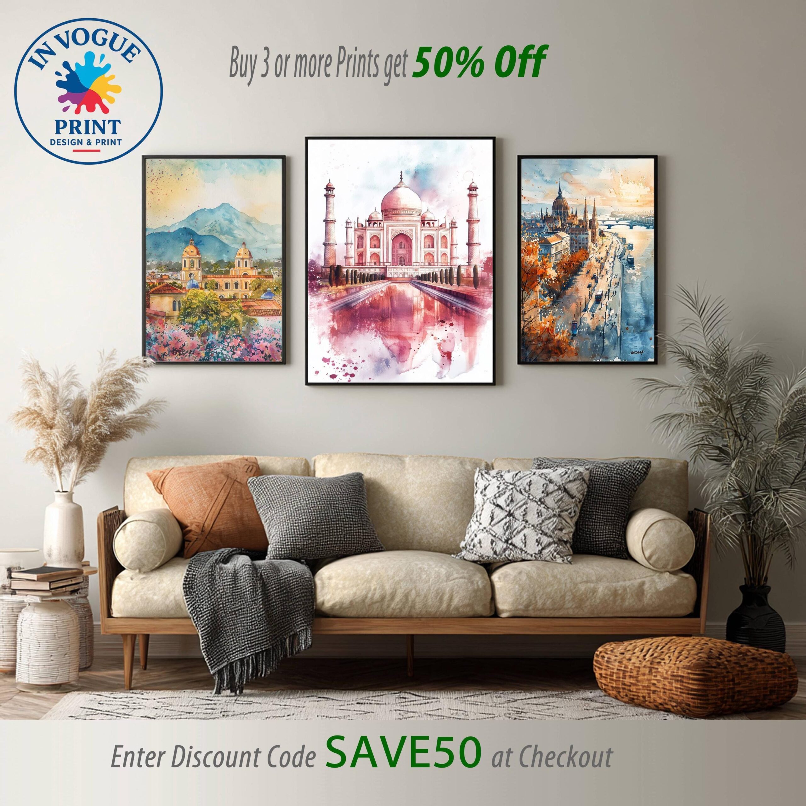 Taj Mahal Agra Uttar Pradesh India Watercolor: Asia Travel Poster - Image 2