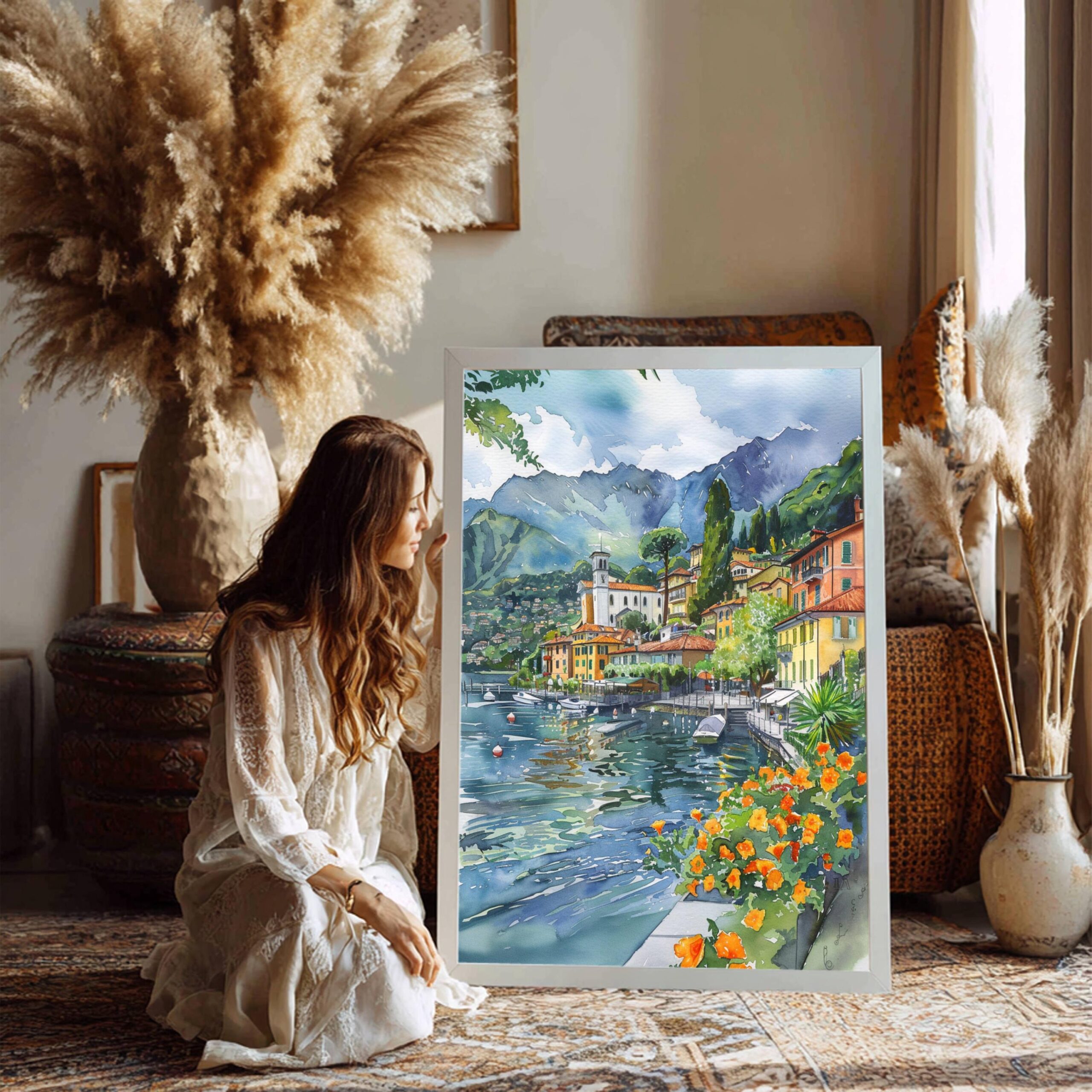 Lenno Lake Como Italy Europe Watercolor: Travel Art Poster - Image 3