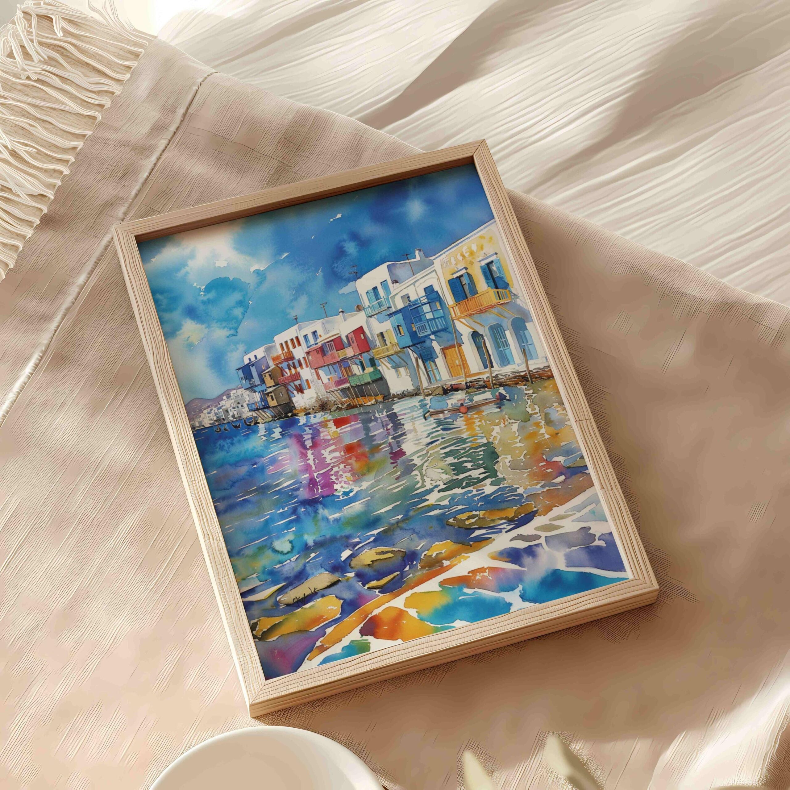 Little Venice on Mykonos Island Greece Watercolor: Greek Travel Art Poster - Image 9