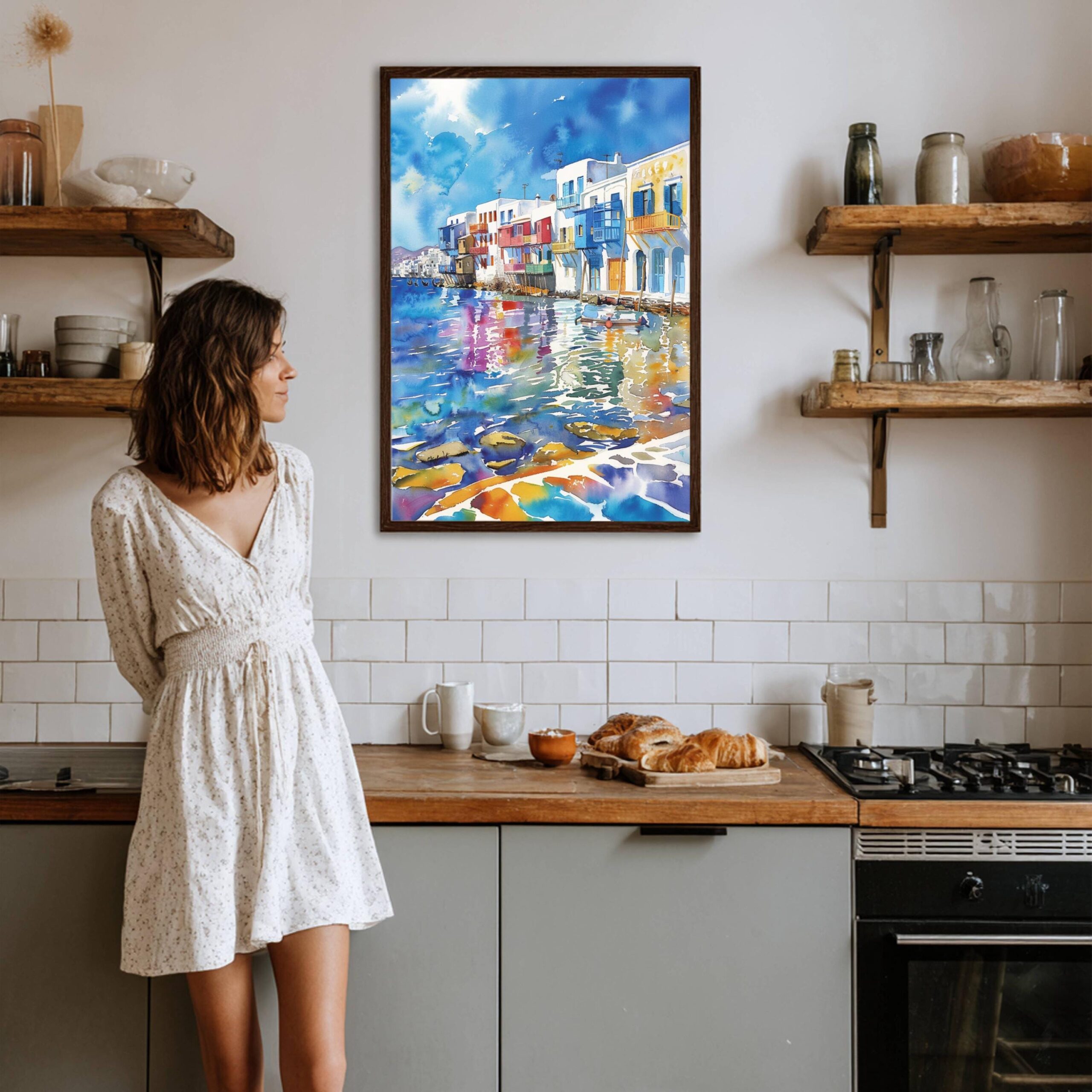 Little Venice on Mykonos Island Greece Watercolor: Greek Travel Art Poster - Image 6