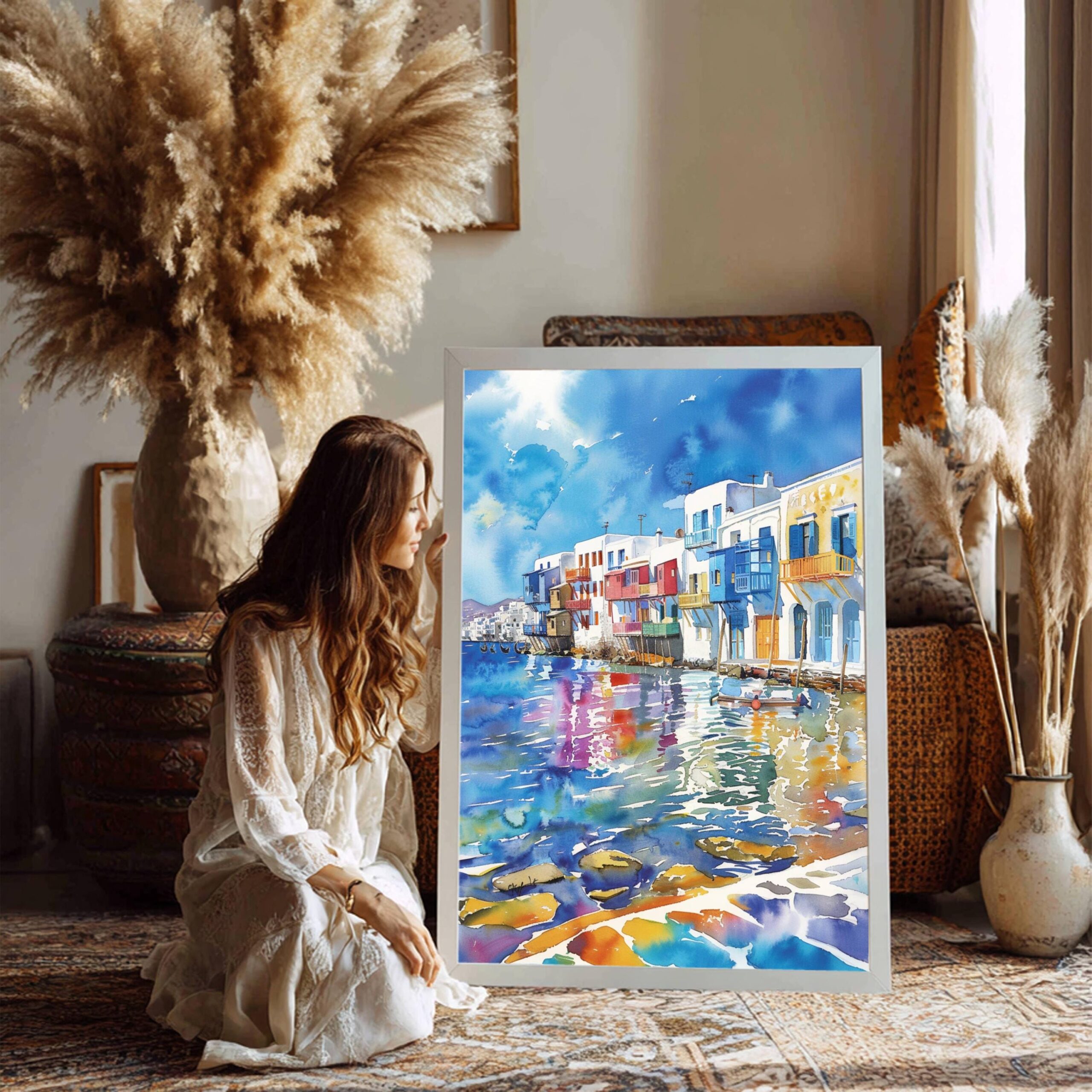 Little Venice on Mykonos Island Greece Watercolor: Greek Travel Art Poster - Image 2
