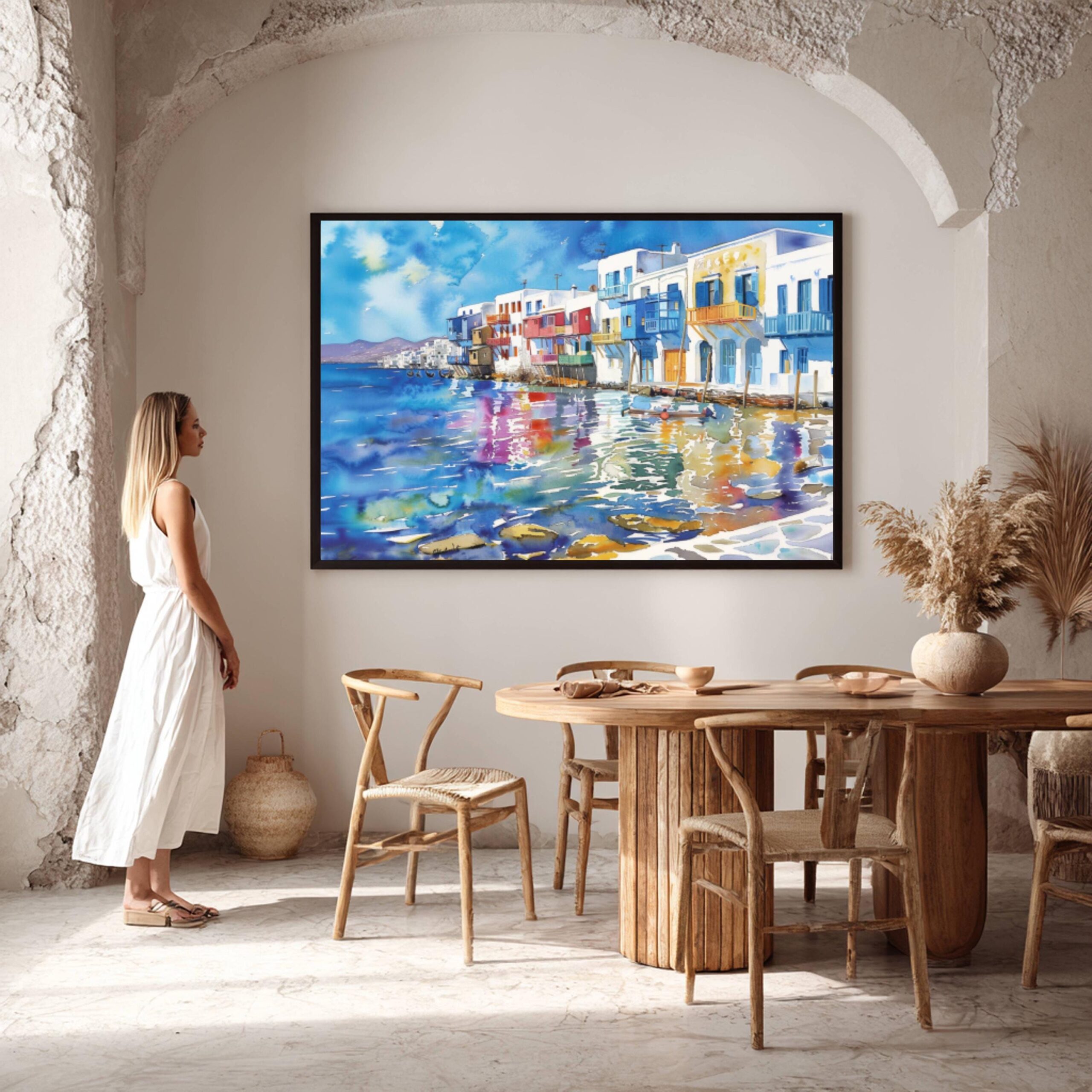 Little Venice on Mykonos Island Greece Watercolor: Greek Travel Art Poster - Image 2
