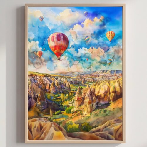 Cappadocia Turkey Watercolor Print: Europe Travel Art Poster