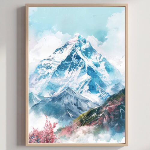 Mount Everest Nepal Tibet Himalayas Watercolor: Asia Travel Poster