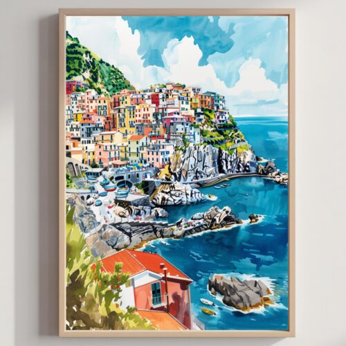 Cinque Terre Italy Europe Watercolor Print: Travel Art Poster