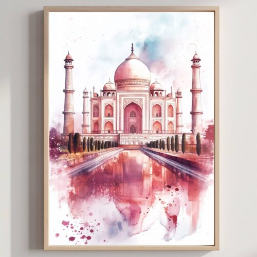 Taj Mahal Agra Uttar Pradesh India Watercolor: Asia Travel Poster