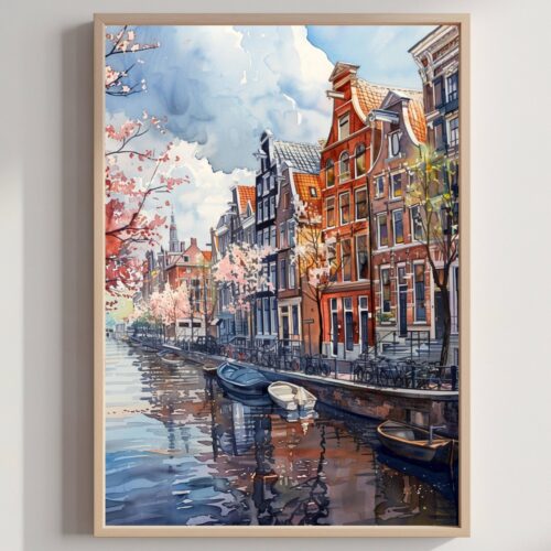 Amsterdam The Netherlands (Holland) Europe Watercolor: Dutch Art Travel Poster Print