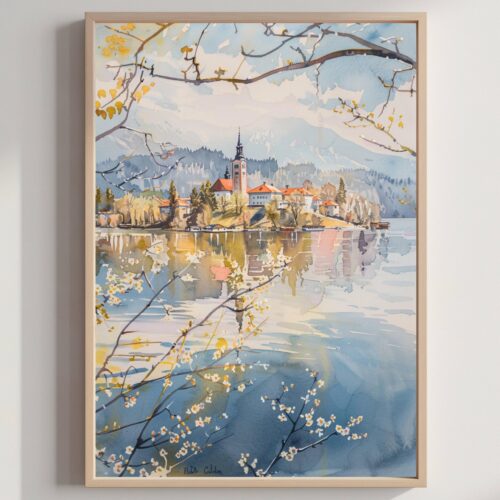 Lake Bled Slovenia Watercolor Print: Europe Travel Art Poster