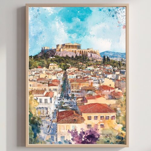 Athens Greece Europe Watercolor: Greek Travel Art Poster