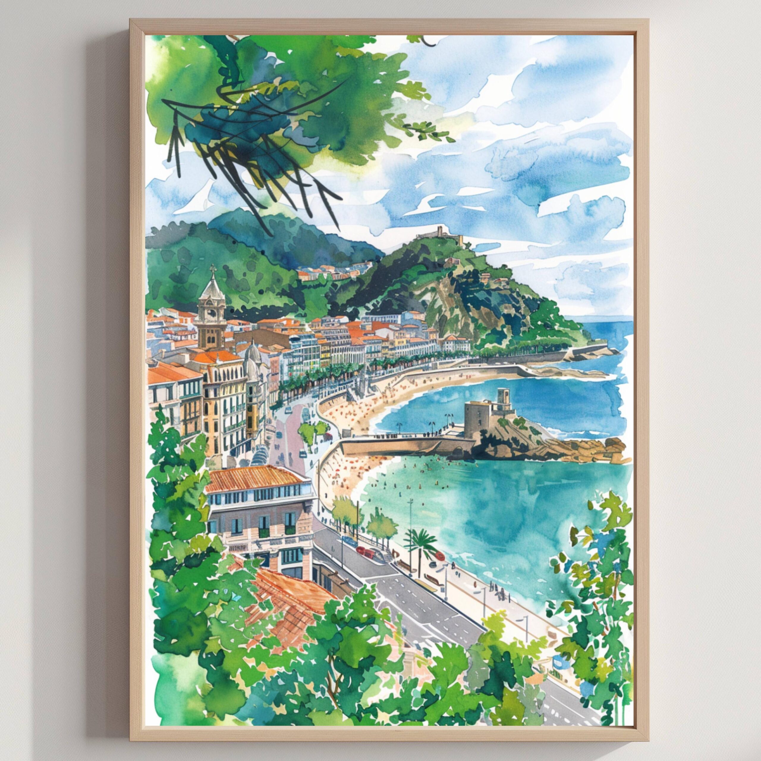 Donostia - San Sebastian Spain Europe Watercolor Print: Spanish Travel Art Poster
