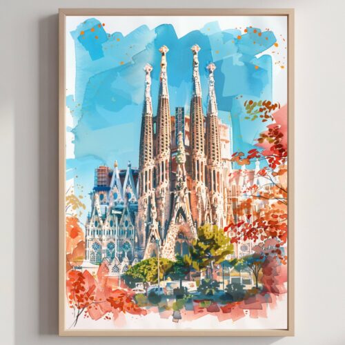 Basilica Sagrada Familia Barcelona Spain Watercolor: Spanish Travel Art Poster