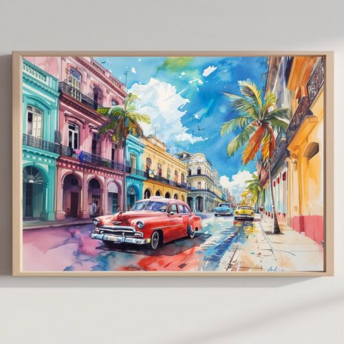 Havana Cuba Caribbean Watercolor Print: Travel Art Poster