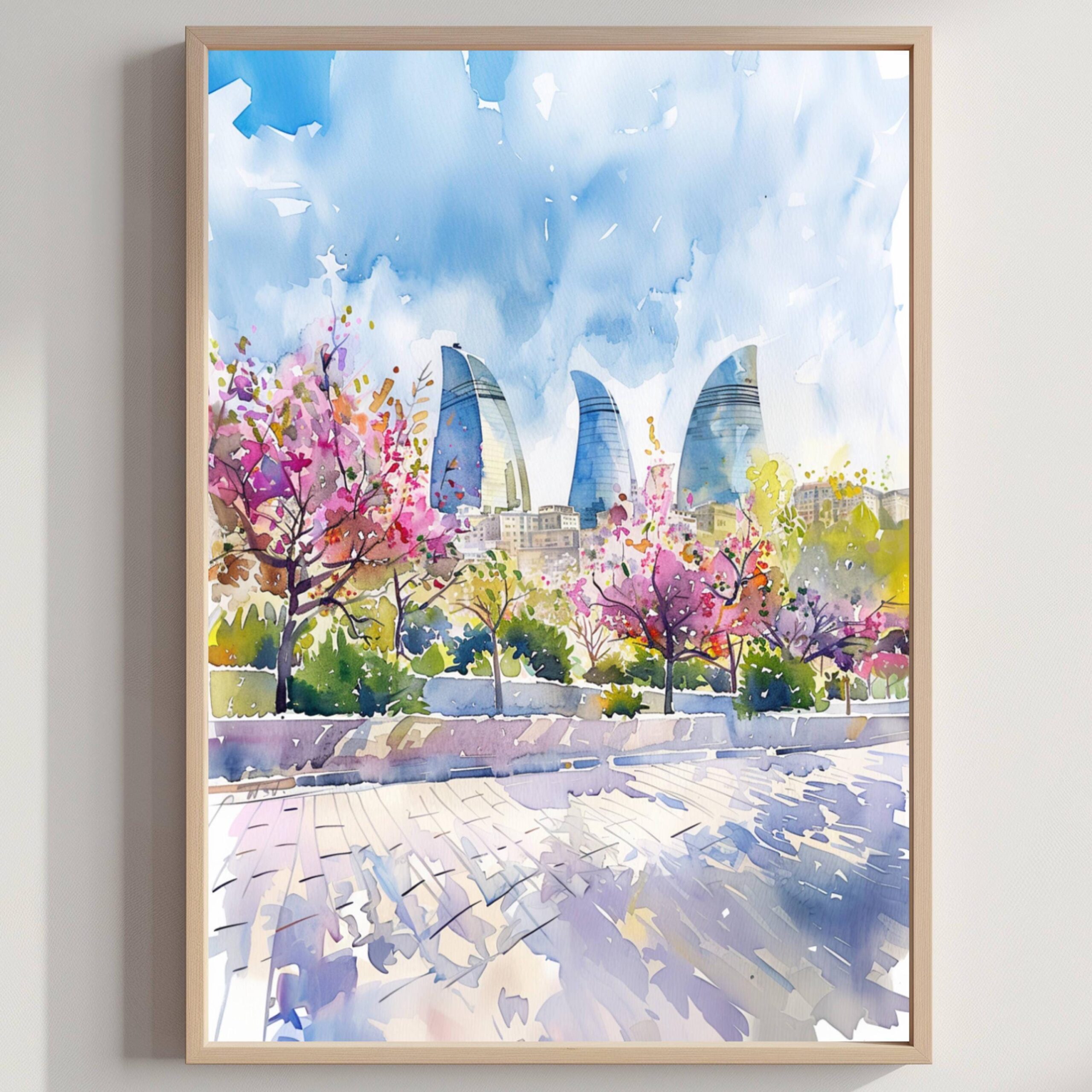 Azerbaijan Watercolor Poster: Asian Travel Art Print