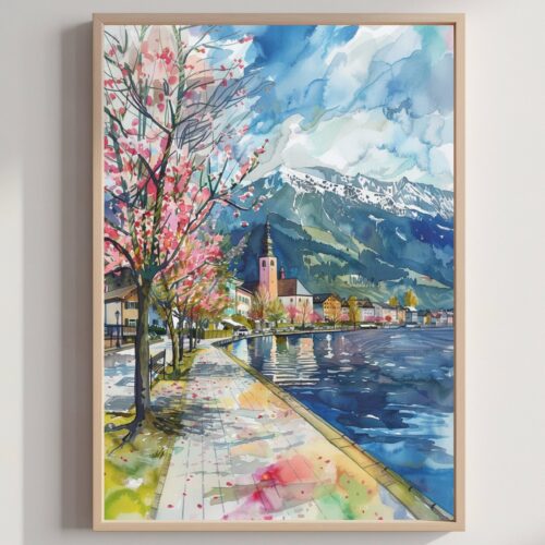Zell am See Austria Europe Watercolor: Vacation Travel Poster Print