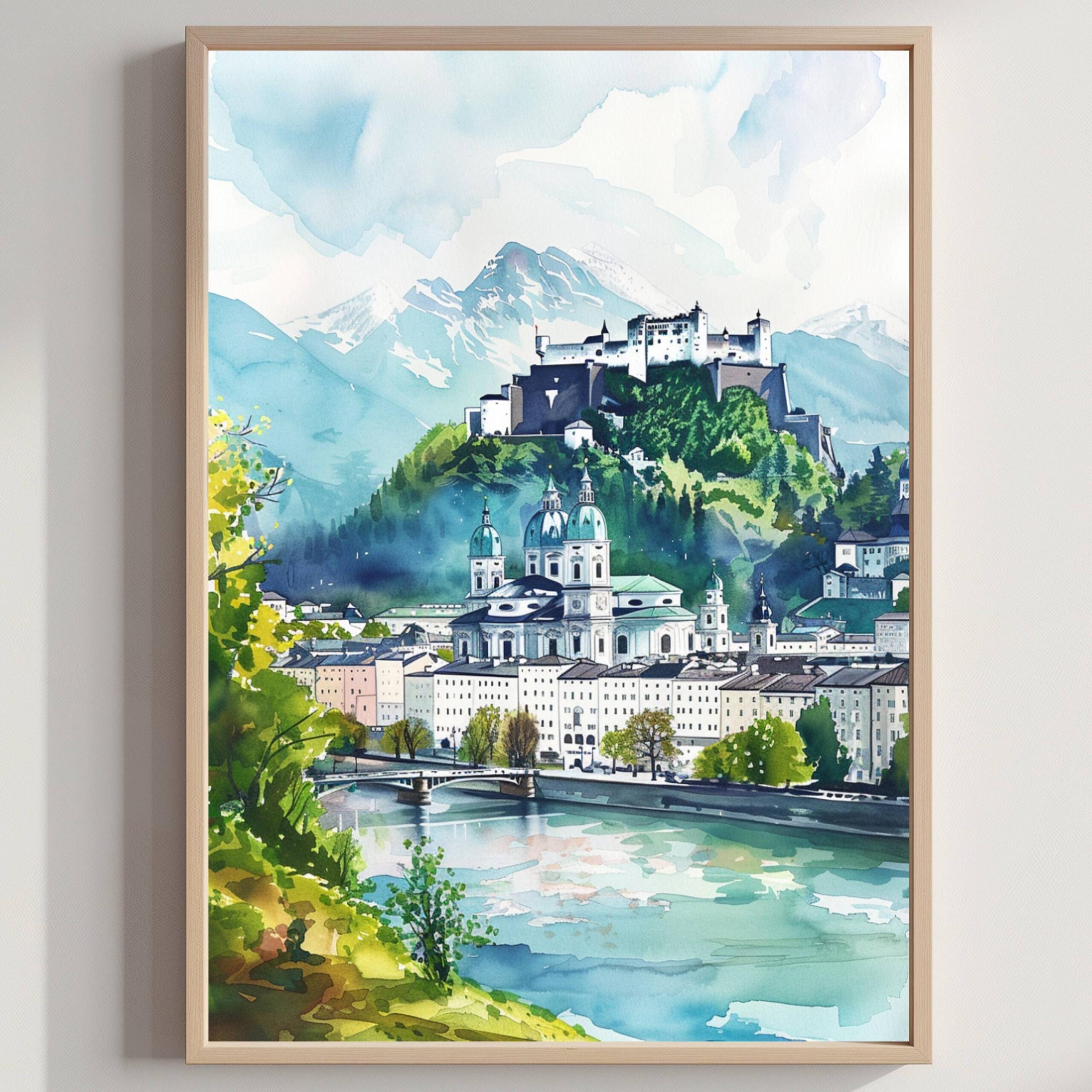 Salzburg Austria Europe Watercolor: Vacation Travel Poster Print