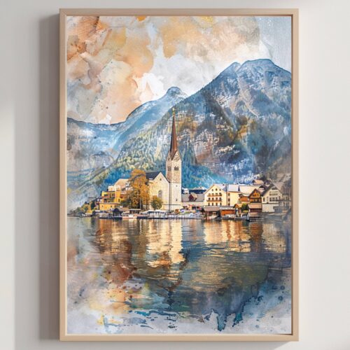 Hallstatt Austria Europe Watercolor: Vacation Travel Poster Print
