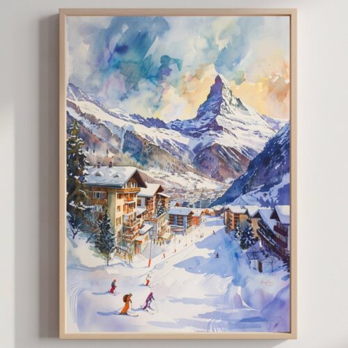 Zermatt Ski Resort Switzerland Watercolor: Vacation Travel Art Poster