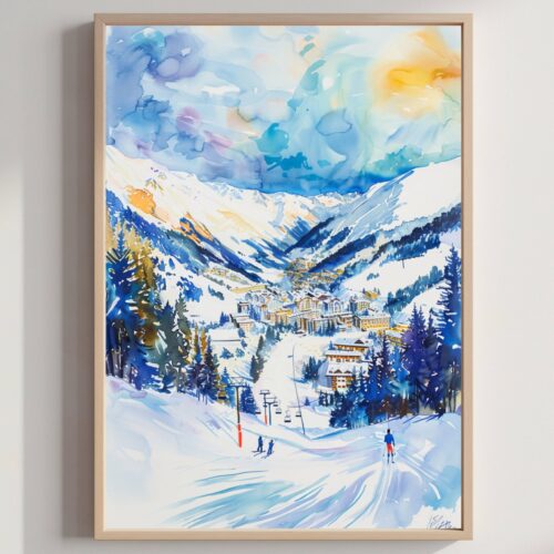 Davos Ski Resort Switzerland Europe Watercolor Print: Vacation Travel Art Poster