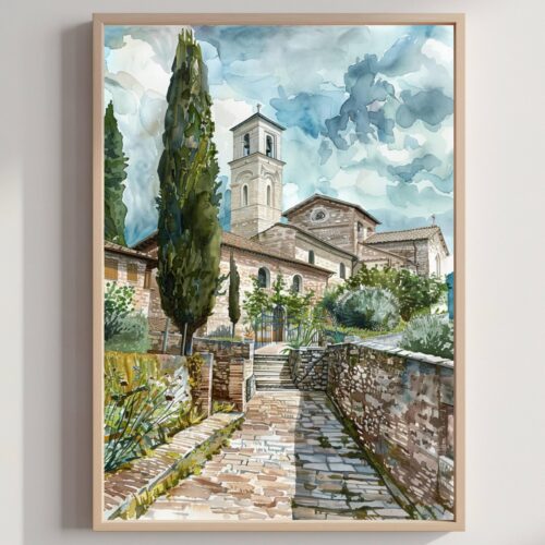St. Francis Basilica Assisi Italy Watercolor: Travel Art Print