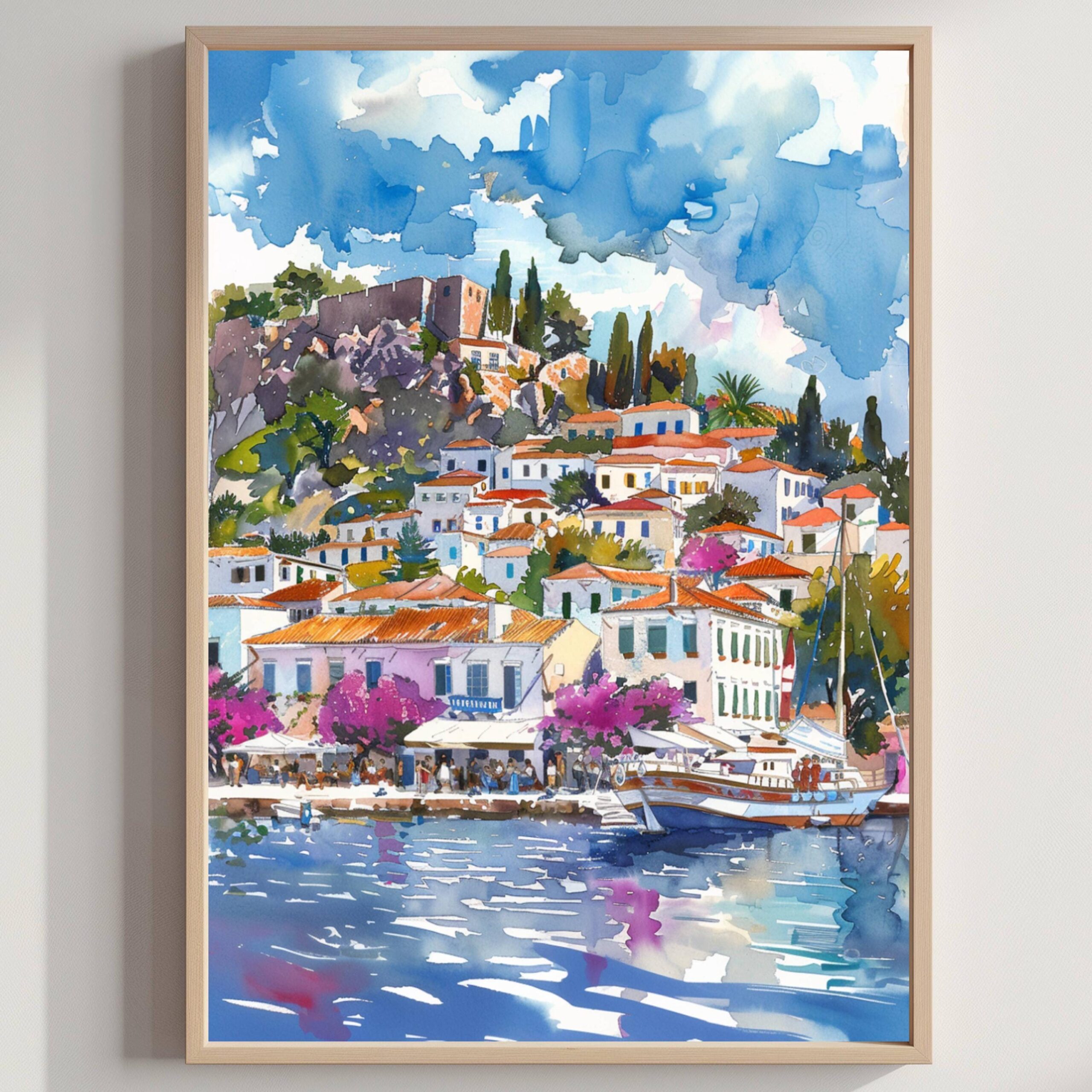 Hydra Island Greece Watercolor Print: Travel Art Poster