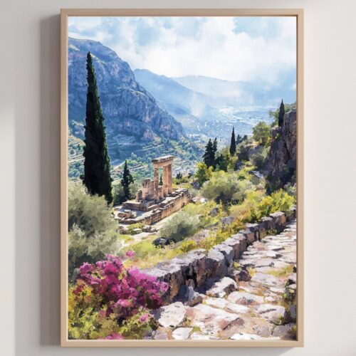 Delphi Greece Europe Watercolor Print: Travel Art Poster