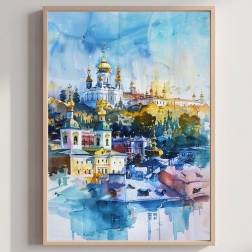 Kyiv-Pechersk Lavra Ukraine Europe Watercolor Print: Travel Art Poster