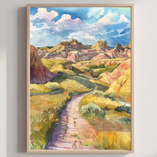 Badlands National Park South Dakota USA Watercolor: Travel Art Poster