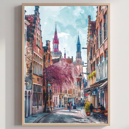 Bruges Belgium Europe Watercolor Print: Travel Wall Art Poster