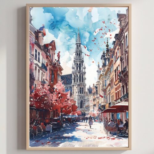 Brussels Belgium Europe Watercolor Print: Travel Wall Art Poster