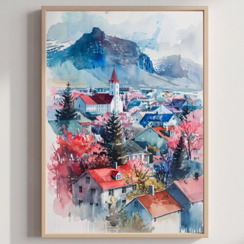 Reykjavik Iceland Watercolor: Travel Art Poster