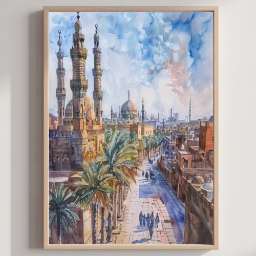 Cairo City Egypt Watercolor Print: Africa Travel Art Poster