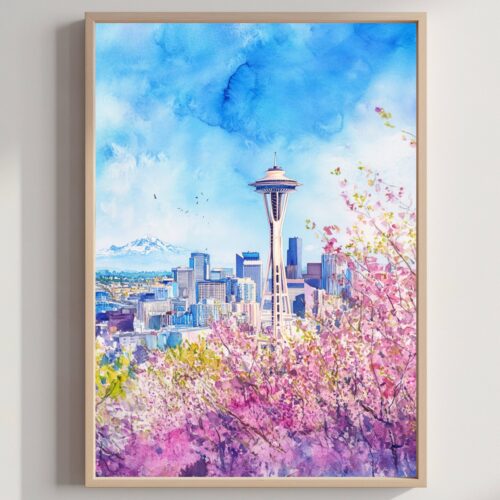 The Space Needle Seattle Washington State Watercolor: USA Travel Poster