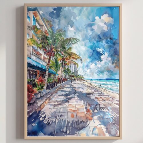 Playa del Carmen Mexico Watercolor: Travel Art Poster