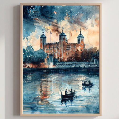 Tower of London in London England Watercolor: United Kingdom Travel Art Poster