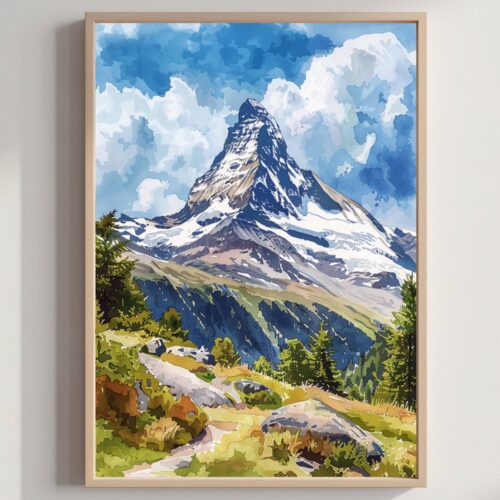 The Matterhorn Mountain Switzerland Watercolor: Vacation Travel Art Poster