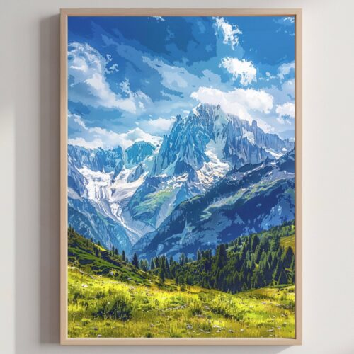 Mont Blanc Mountain Switzerland Europe Watercolor Print: Vacation Travel Art Poster